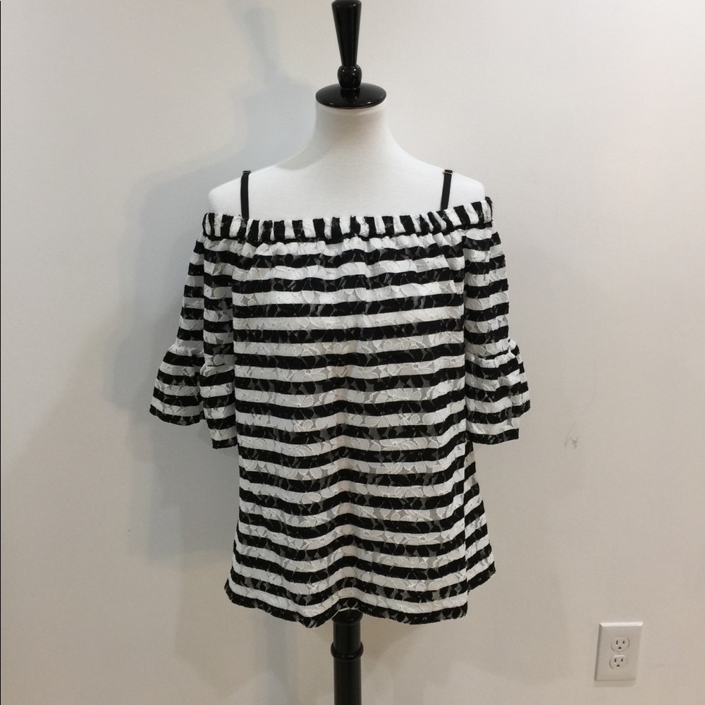 Karl Lagerfeld Black and White Striped Off-Shoulder Top sz L